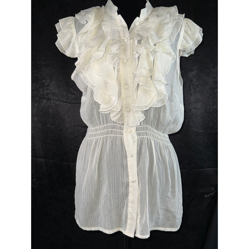 rue21 White Ruffle Front Button Down Blouse Smocked Waist Cap‎ Sleeve Large